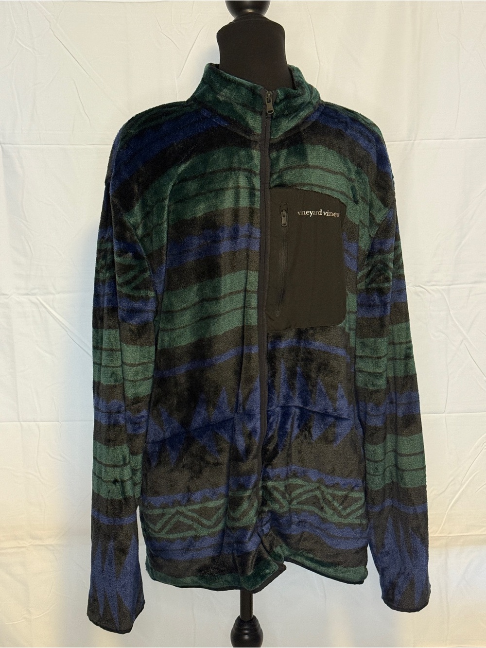 Vineyard Vines Men's Green and Blue Striped Full-Zip Fleece